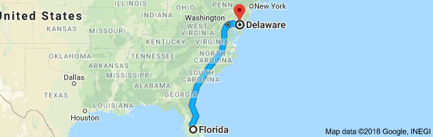 Florida to Delaware Auto Transport Route