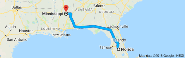 Florida to Mississippi Auto Transport Route