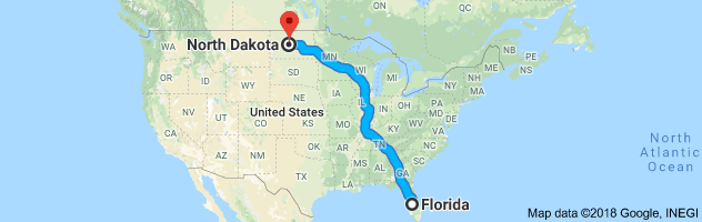 Florida to North Dakota Auto Transport Route