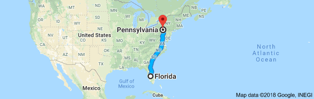 Florida to Pennsylvania Auto Transport Route